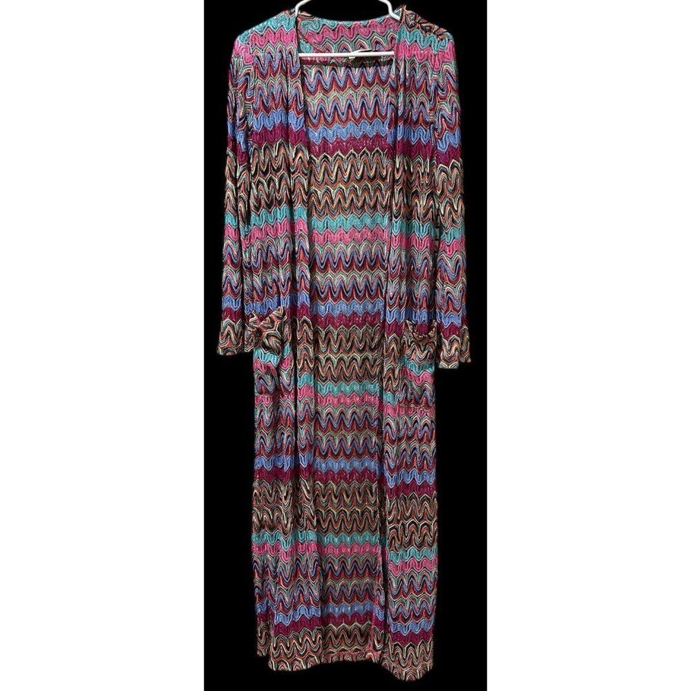 Casting Med Boho Hippie  Crochet Maxi Length Duster Cardigan Pocket Colorful